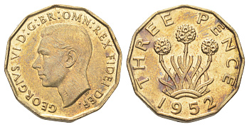 Великобритания 3 пенса 1952 Георг VI (1936-1952) KM 873, Spink 4113 никель латунь aUNC 4707-1055