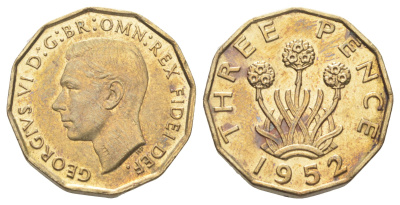 Великобритания 3 пенса 1952 Георг VI (1936-1952) KM 873, Spink 4113 никель латунь aUNC 4707-1055