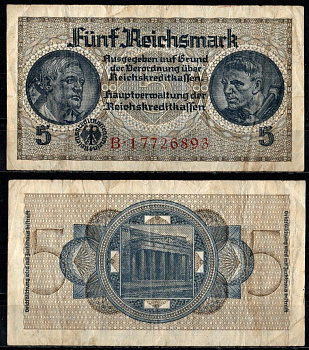 Германия 5 рейхсмарок ND (1940-1945) Pick R138 b бумага 8616-1-2-2