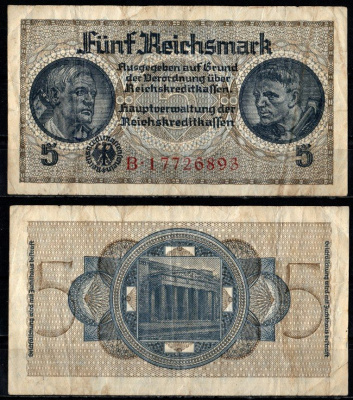 Германия 5 рейхсмарок ND (1940-1945) Pick R138 b бумага 8616-1-2-2