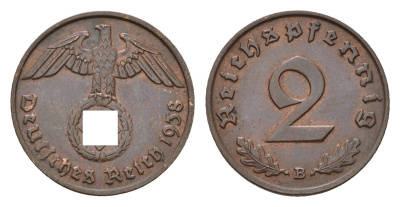 Германия 2 рейхспфеннига 1938 B, редкий монетный двор KM 90, J. 362 бронза 4655-644