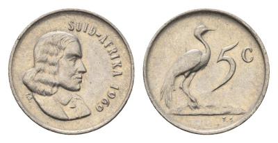 ЮАР 5 центов 1969 Ян ван Рибек (1619-1677), Suid Africa, легенда на африкаанс, райский журавль KM 67.2 медно-никель 4694-428
