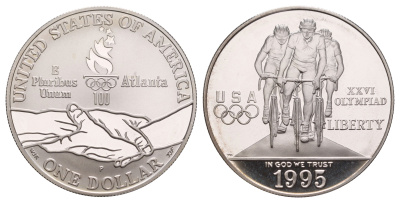 США 1 доллар 1995 P, XXVI летние Олимпийские Игры, Атланта 1996 - Велоспорт KM 263 серебро PROOF 11-263-31