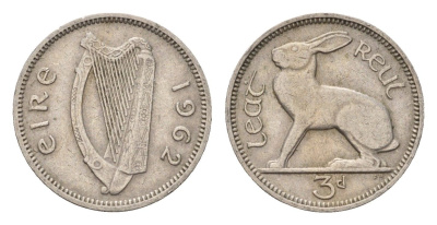 Ирландия 3 пенса 1962 заяц KM 12a медно-никель 4696-452