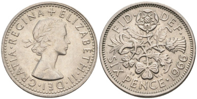 Великобритания 6 пенсов 1966 Елизавета II (1952-2022) KM 903, Spink 4149 медно-никель 4567-744