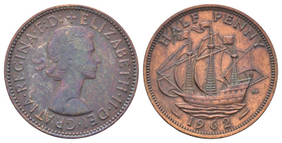 Великобритания 1/2 пенни 1962 Елизавета II (1952-2022) KM 896, Spink 4158 бронза 4698-1013