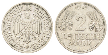 ФРГ 2 марки 1951 J, год-тип KM 111, J. 386 медно-никель 1521-1641