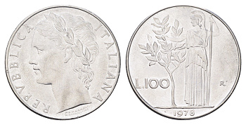 Италия 100 лир 1978 R, Афина в доспехах KM 96.1 нержавеющая сталь 4704-746