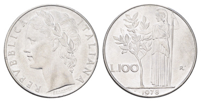 Италия 100 лир 1978 R, Афина в доспехах KM 96.1 нержавеющая сталь 4704-746