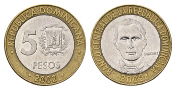 Доминикана (Доминиканская Республика) 5 песо 2002 KM 89 биметалл 4695-1224