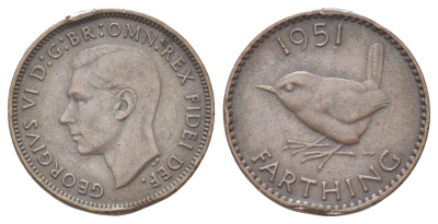 Великобритания 1 фартинг 1951 Георг VI (1936-1952) KM 867, Spink 4119 бронза 4708-721
