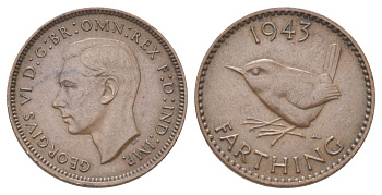 Великобритания 1 фартинг 1945 Георг VI (1936-1952) KM 843, Spink 4116 бронза 4708-718