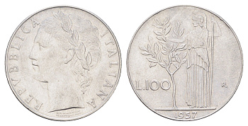Италия 100 лир 1957 R, Афина в доспехах KM 96.1 нержавеющая сталь 4704-655