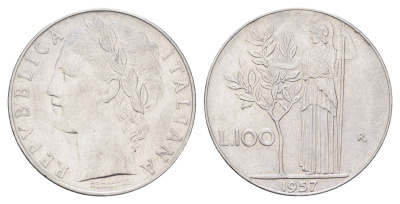 Италия 100 лир 1957 R, Афина в доспехах KM 96.1 нержавеющая сталь 4704-655