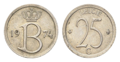 Бельгия 25 сантимов 1974 Belgie, Бодуэн I (1951-1993) KM 154 медно-никель 4705-358