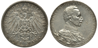 Пруссия 3 марки 1913 Вильгельм II (1888-1918) в мундире KM 535, J.112 серебро 413-2321
