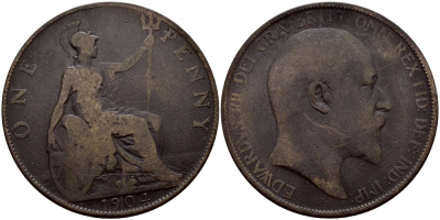 Великобритания 1 пенни 1904 Эдуард VII (1901-1910) KM 794.2, Spink 3990 бронза 4683-641