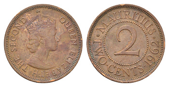 Маврикий 2 цента 1962 Елизавета II (1952-2022) KM 32 бронза 4706-722