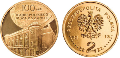 Польша 2 злотых 2013 MW, 100 лет польскому театру в Варшаве KM 854 нордик UNC M86-18