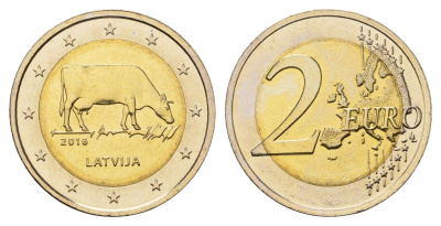 Латвия 2 евро 2016 Латвийская бурая корова KM 175 биметалл aUNC 4693-1256