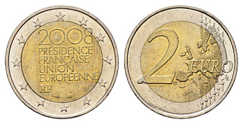 Франция 2 евро 2008 Председательство Франции в Европейском Союзе во 2-ой половине 2008 года KM 1459 биметалл 4693-1013