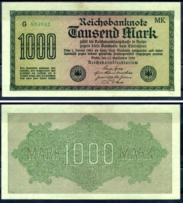 Германия 1000 марок 1922 выпуск 15 сентября 1922, водяной знак K, зеленая бумага, серия MK, буква G Pick 76 h (2) бумага aUNC 8589-12-1-1