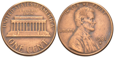 США 1 ЦЕНТ 1981 D, ЛИНКОЛЬН KM 201 медь цинк 188-323