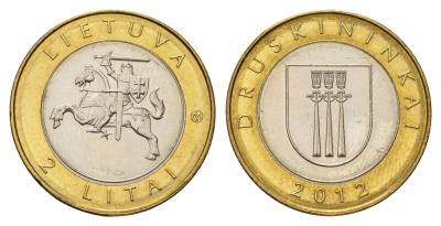 Литва 2 лита 2012 Курорты Литвы - Друскининкай KM 184.1 биметалл UNC 4695-437