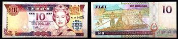 Фиджи 10 долларов ND (2002) Елизавета II (1952-2022), лодка с соломенным навесом Pick 106 бумага UNC (пресс) 8608-4-1-1