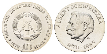 ГДР 10 марок 1975 А, 100 лет со дня рождения Альберта Швейцера KM 56, J. 1554 серебро UNC 1099-2-44