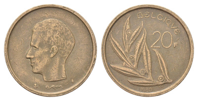 Бельгия 20 франков 1980 Belgique, Бодуэн I (1951-1993) KM 159 никель латунь 4704-1155