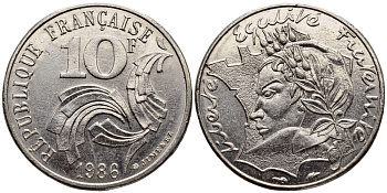 ФРАНЦИЯ 10 ФРАНКОВ 1986 РЕСПУБЛИКА KM 959 никель 4393-1154