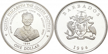 Барбадос 1 доллар 1994 94 года со дня рождения Королевы матери KM 57 серебро PROOF 1066-1-16