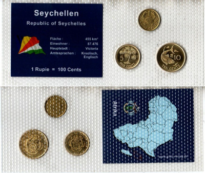 Сейшельские Острова (Сейшелы) набор из 3 монет (1, 5 и 10 центов) 2004 и 2007 в красочной упаковке с информацией о стране KM 46, 47a, 48a UNC 5-4-1-66