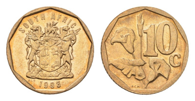 ЮАР 10 центов 1998 герб, цветок алоэ KM 161 сталь плакированная бронзой UNC 4694-745