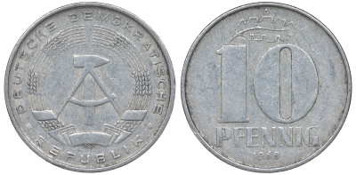 ГДР 10 пфеннигов 1968 A KM 10 алюминий 62-812