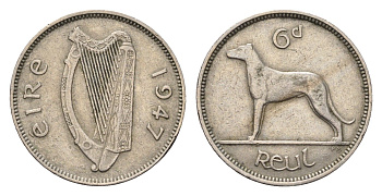 Ирландия 6 пенсов 1947 собака, ирландский волкодав KM 13a медно-никель 3851-1253