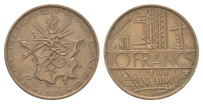 Франция 10 франков 1976 KM 940 медь алюминий никель 4704-444