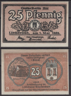 Либерозе 25 пфеннигов 1921 DeNG 2 L39.4b бумага UNC (пресс) 8608-24-3-2
