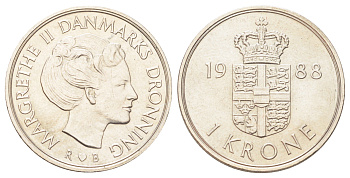 Дания 1 крона 1988 R;B, Маргрете II (1972-2024) KM 862 медно-никель UNC 190-742