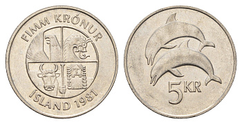 Исландия 5 крон 1981 дельфины KM 28 медно-никель UNC 4591-212