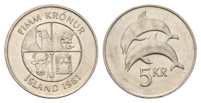 Исландия 5 крон 1981 дельфины KM 28 медно-никель UNC 4591-212