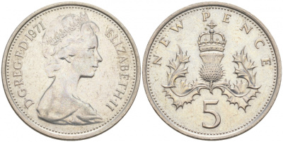 Великобритания 5 пенсов 1971 Елизавета II (1952-2022) KM 911, Spink 4233 (D1) медно-никель 68-131