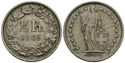 Швейцария 1/2 франка 1969 B KM 23a медно-никель 183-1246