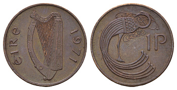 Ирландия 1 пенни 1971 мифологическая птица лира KM 20 бронза 4682-529