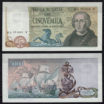 Италия 5000 лир 1977 Кристофор Колумб Pick 102 c бумага aUNC 451-1341-1