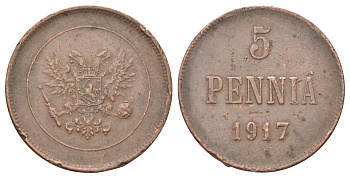 Россия для Финляндии 5 пенни 1917 временное правительство (03.1917-10.1917), без короны Биткин GSF4 медь 4707-732