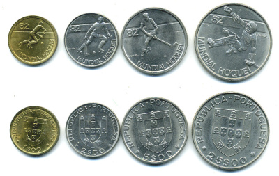 Португалия набор из 4 монет (1, 2,5, 5 и 25 эскудо) 1982 Чемпионат мира по хоккею на роликах KM 612, 613, 615 и 616   UNC  N5-46