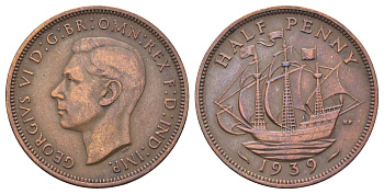 Великобритания 1/2 пенни 1939 Георг VI (1936-1952) KM 844, Spink 4115 бронза 4698-1011