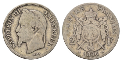 Франция 2 франка 1866 A, Наполеон III (1852-1870) KM 807.1 серебро 5010-1433